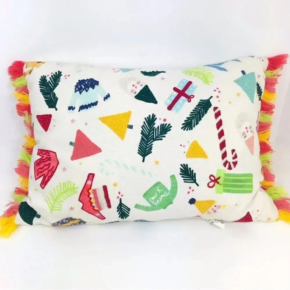 Joann Colorful Tassel Holiday Themed Embroidered Christmas Accent Pillow